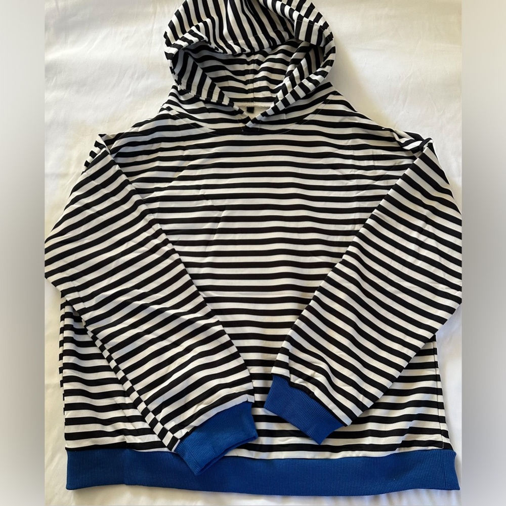 Black White Striped Hoodie Womens Large Pullover Lightweight Blue Trim